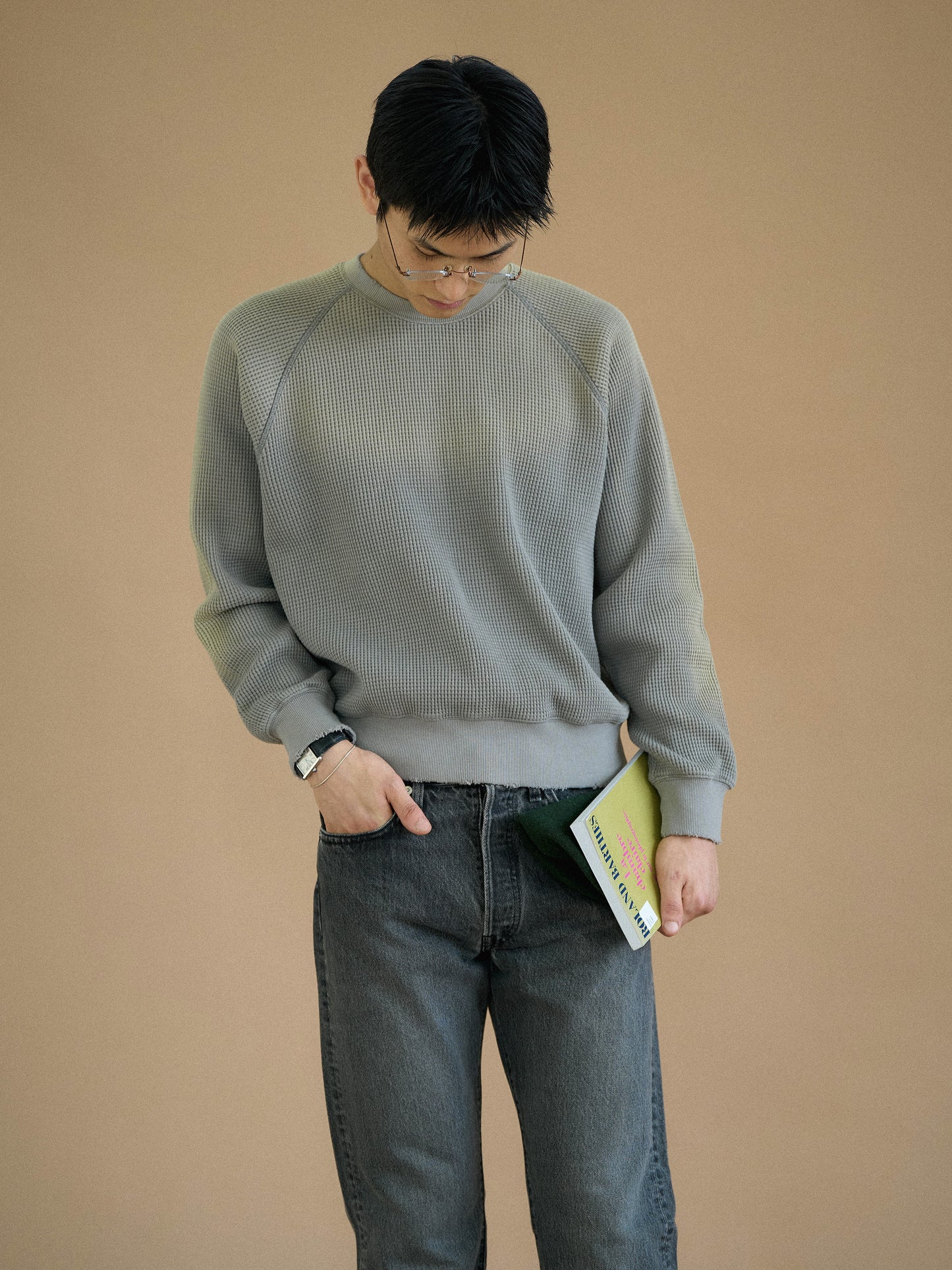 WAFFLE CREWNECK SWEATSHIRTS [ Gray ]