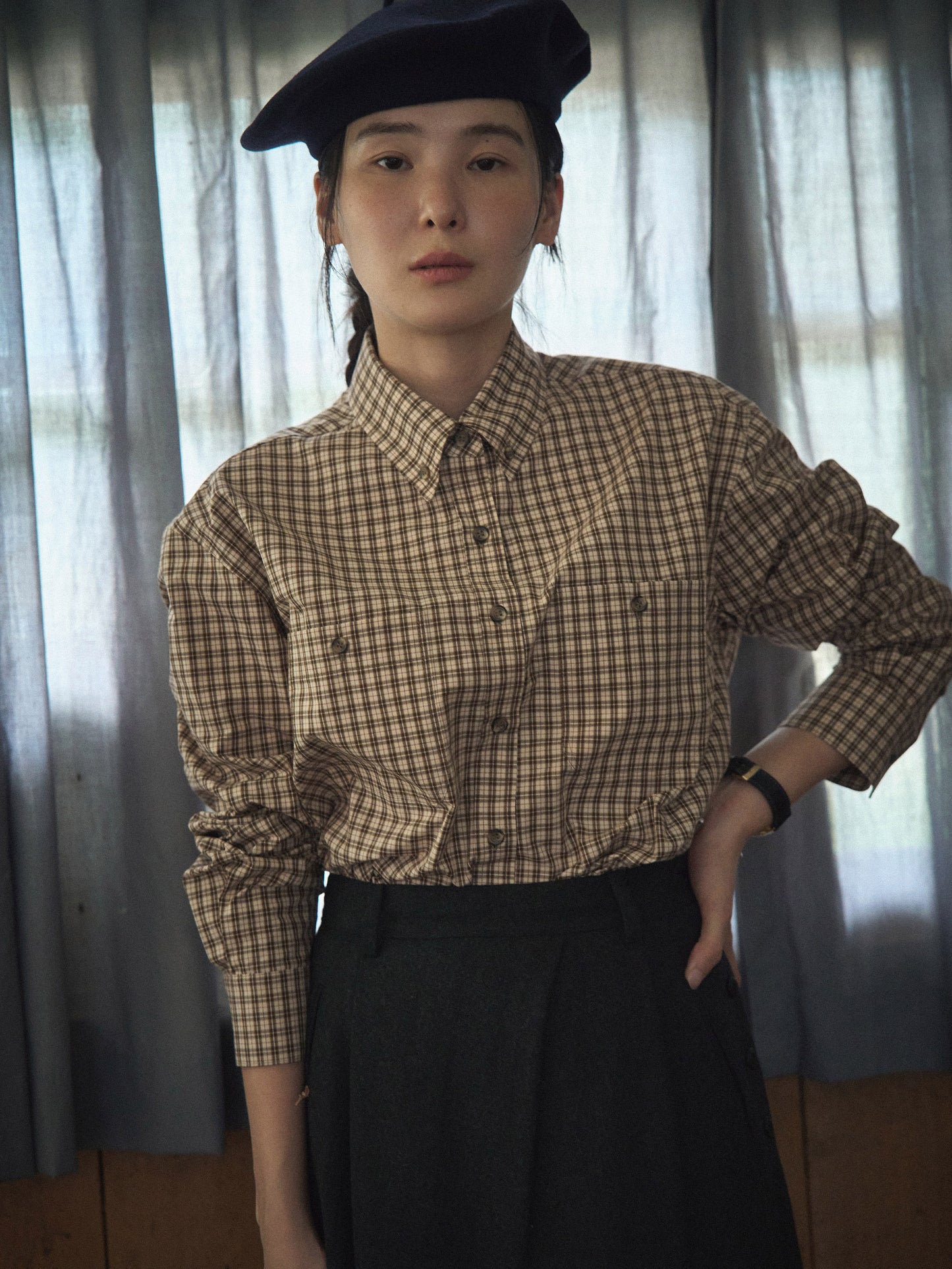 2 POCKET BUTTON DOWN SHIRT [ Beige Tartan ]