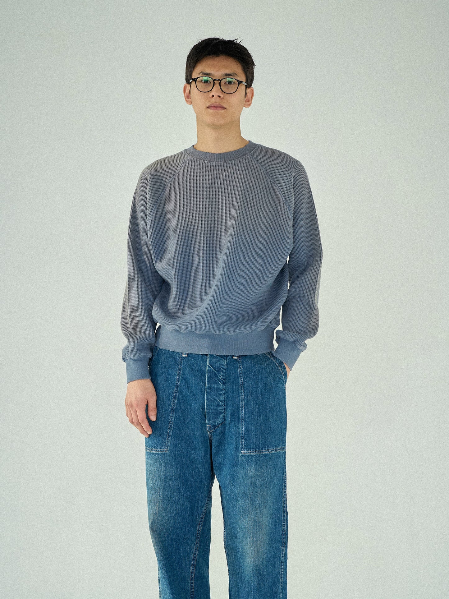 WAFFLE CREWNECK SWEATSHIRTS [ Blue ]