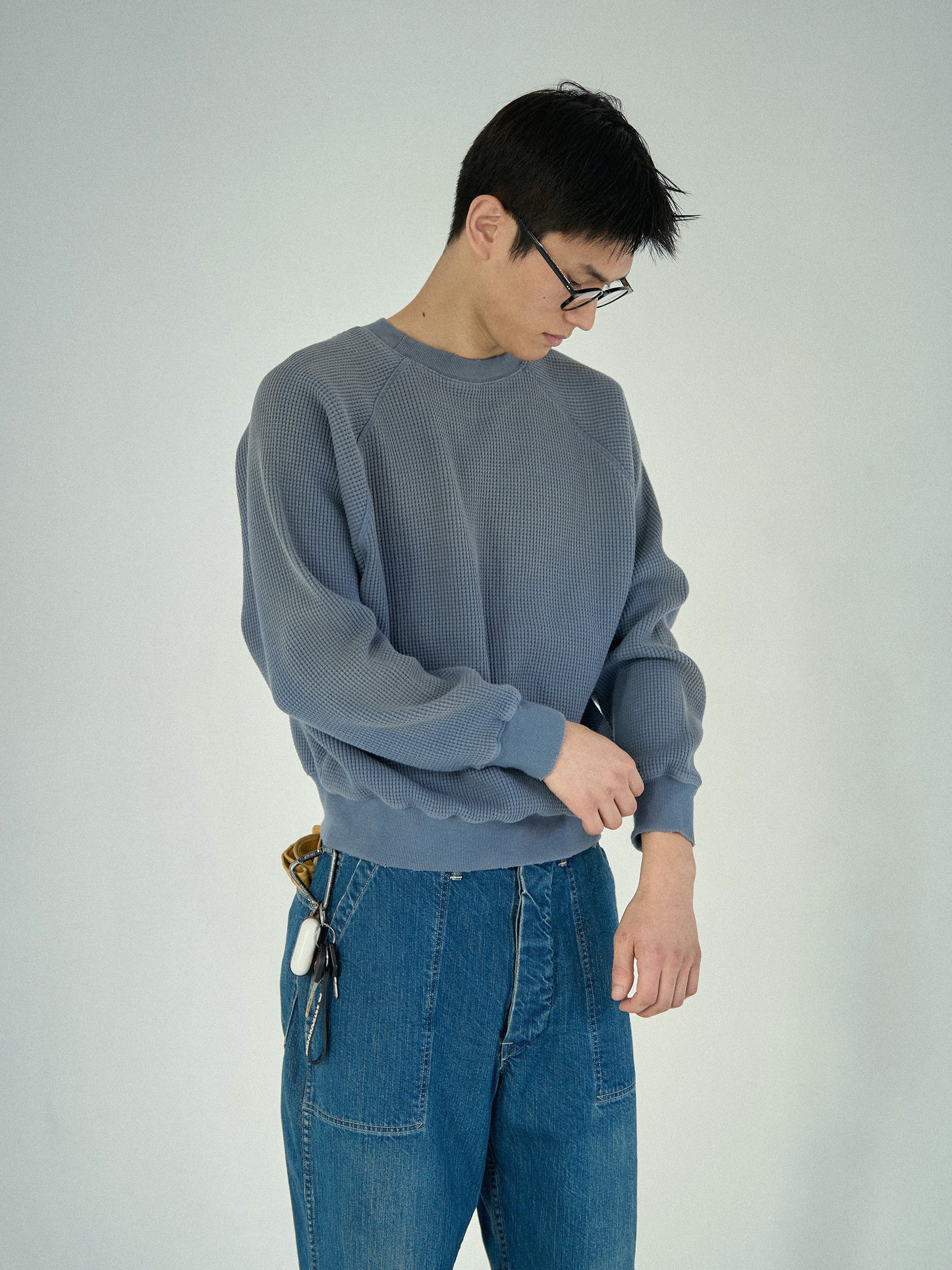 WAFFLE CREWNECK SWEATSHIRTS [ Blue ]